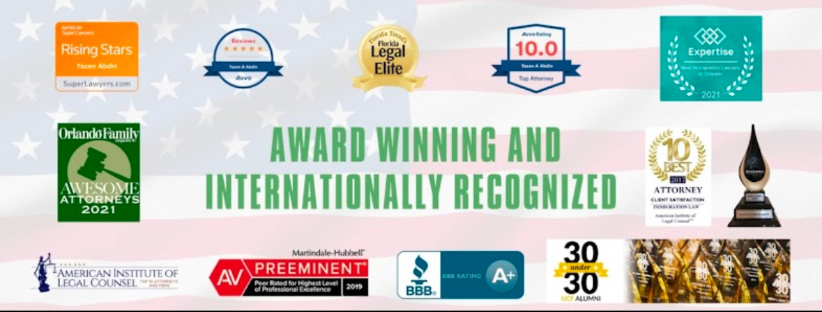 Collection of legal industry ratings and awards received by attorney Yazen Abdin, including Super Lawyers Rising Stars, Avvo, Florida Legal Elite, Martindale-Hubbell AV Preeminent and BBB A+