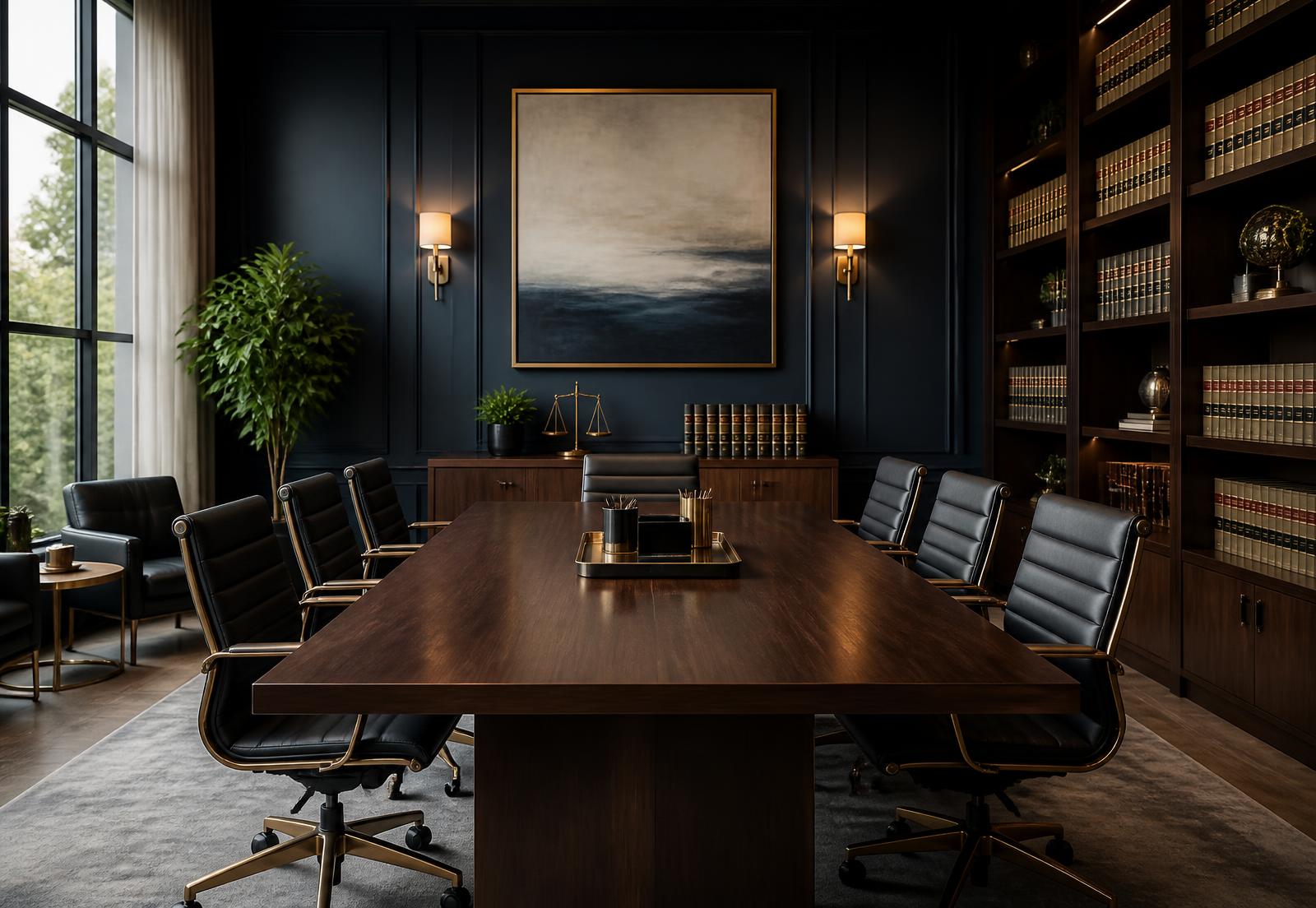 Interior of a law office conference room with law books and a wooden table